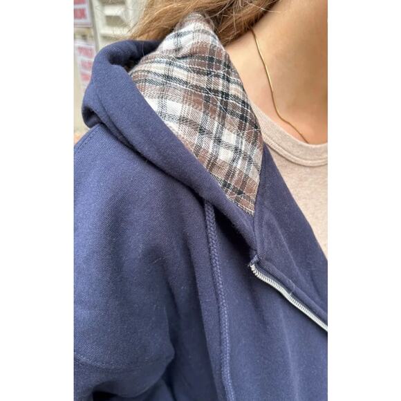 Brandy Melville Womens Blue Oversized Christy Plaid Hoodie Size Large XL NEW - Picture 4 of 16